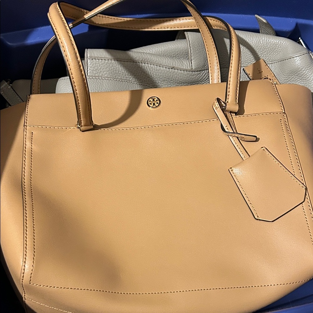Tory Burch Tan Leather Tote with Logo Charm